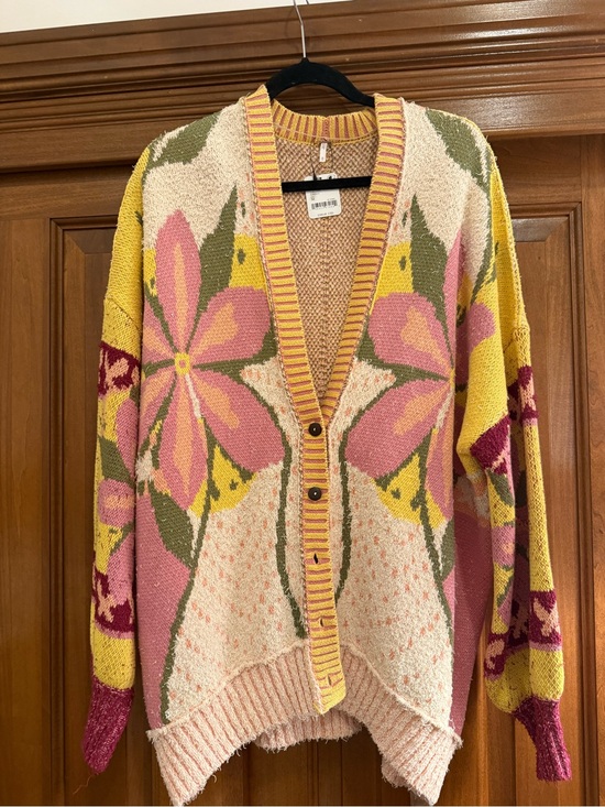 Free People Sweaters - Free People Floral Intarsia Oversized Cardigan - Pink, Yellow, Green